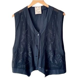90s Tramp Vest  Black Embroidered Hobo Hippie Boho Sheer Top Shirt Sz M